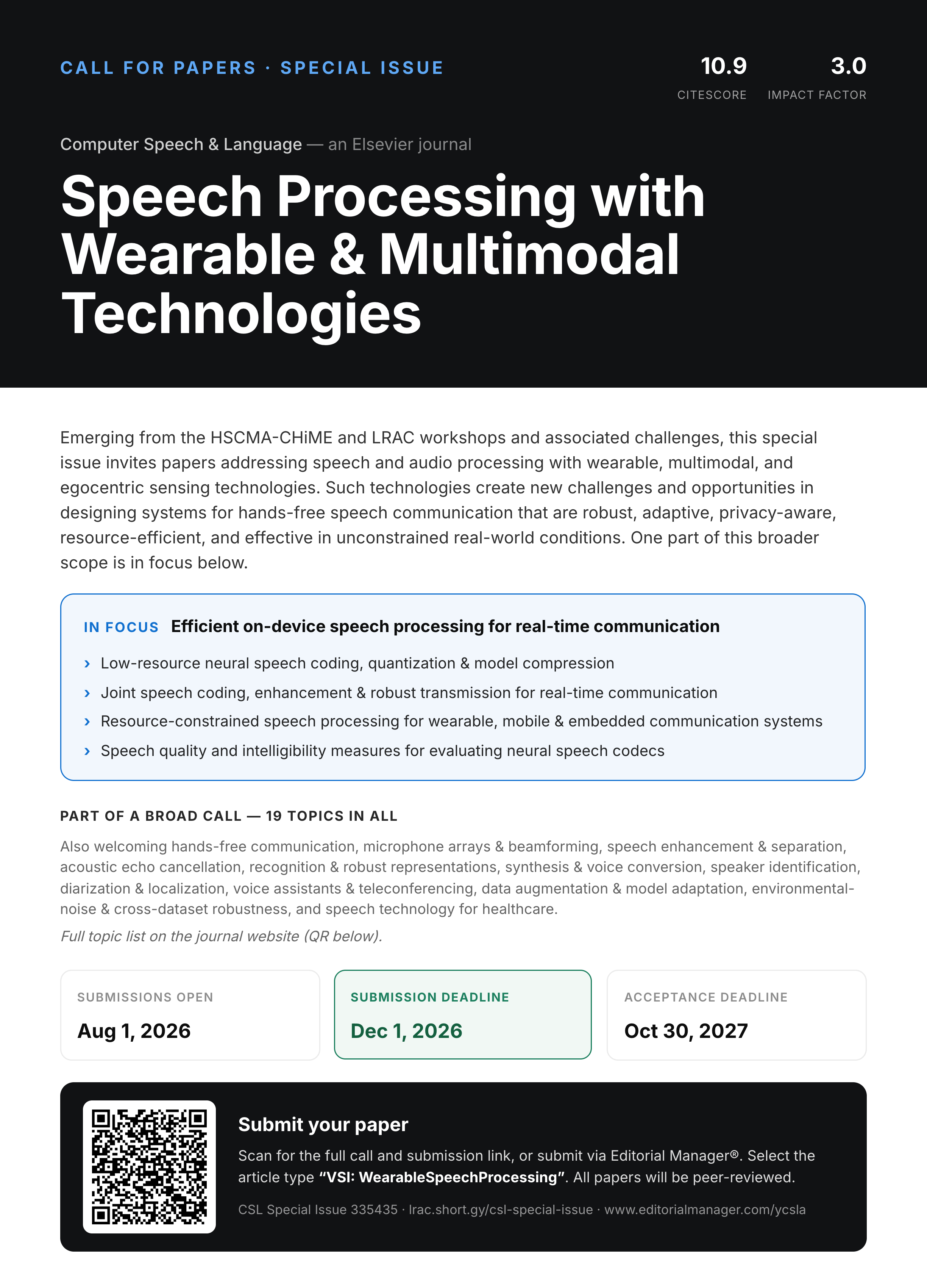 CSL Special Issue Call for Papers — Speech Processing with Wearable & Multimodal Technologies